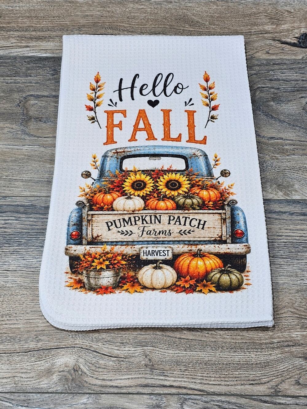 Hello Fall Vintage Blue Truck Kitchen Towel Pumpkin Farmhouse Decor